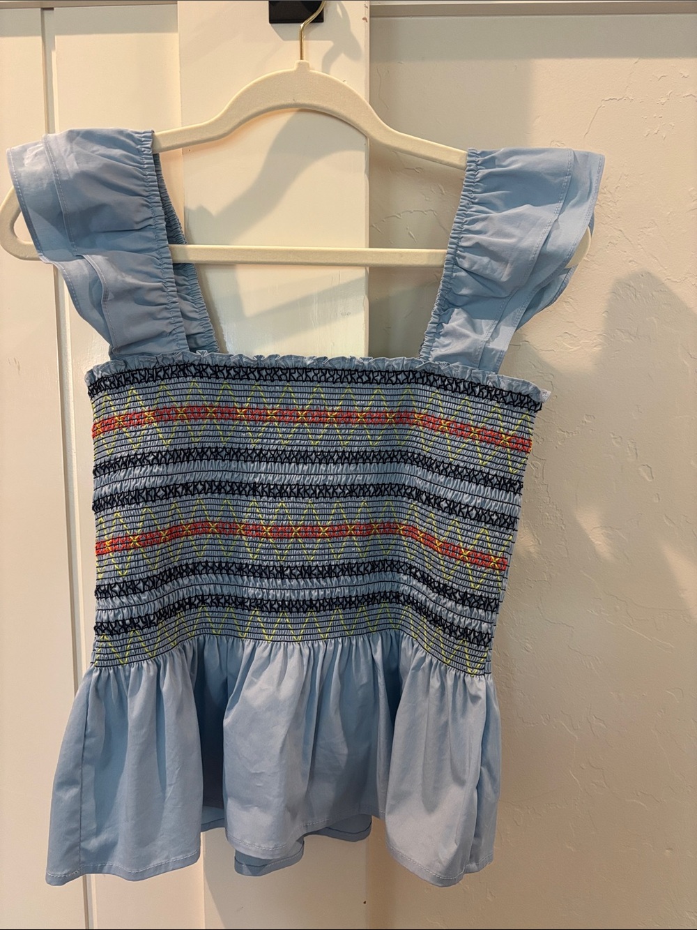 Women's Light Blue Smocked Tank Top with Embroidered Detail